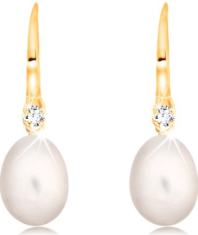 Šperky eshop ve žlutém zlatě bílá oválná perla a čirý zirkon na háčku GG16.25