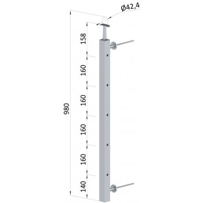 Nerezový sloup na francouzský balkón, boční kotvení, 5 dírový, pravý, vrch pevný, (40x40x2.0 mm), broušená nerez K320 /AISI304