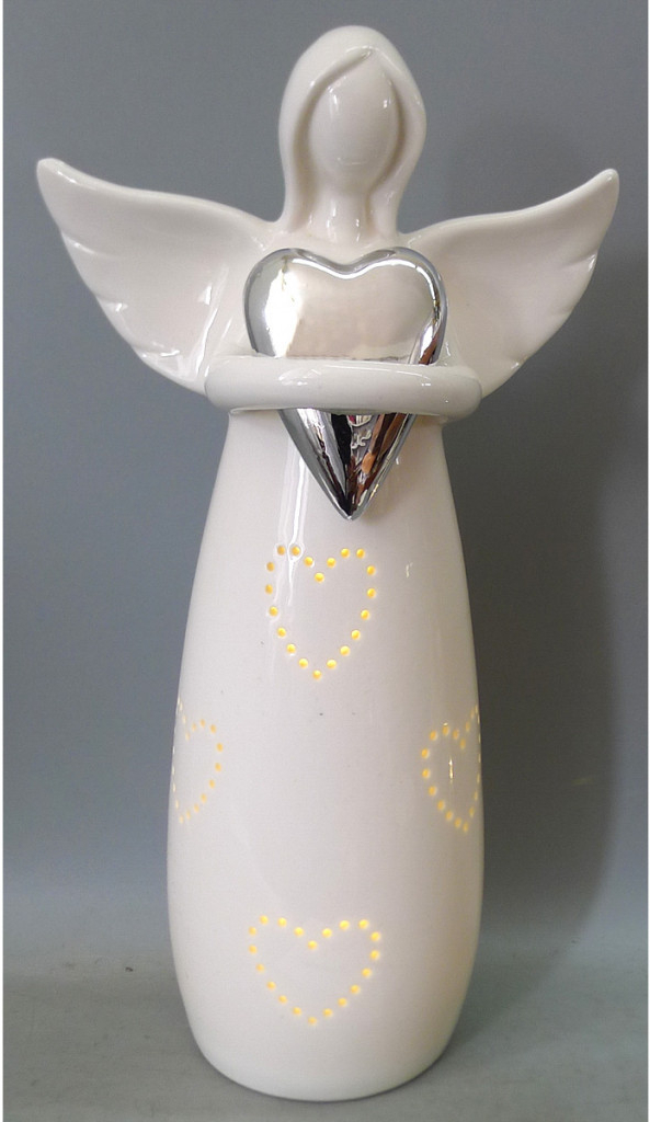 Anděl porcelánový se stříbrným srdcem s LED světlem ARK3606 SIL
