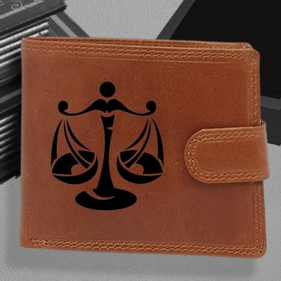 Pánská kožená peněženka s tvým vlastním jménem, monogramem a znamením zvěrokruhu Váhy Pánská hnědá peněženka Enzo
