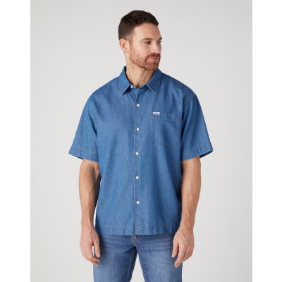 Wrangler pánská košile SS 1 PKT shirt mid indigo W5D7C3X8E