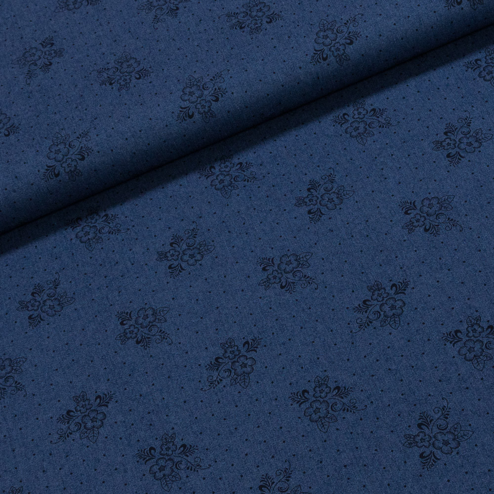 Směsová riflovina (denim, džínovina) letní 07326.001 květy a puntíky,  modrá, š.135cm (látka v metráži) od 284 Kč - Heureka.cz