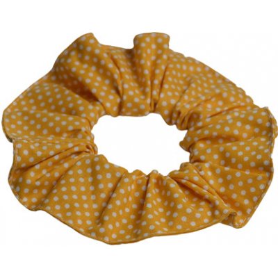 Bavlněná scrunchie gumička do vlasů tmavě žlutá s bílým puntíkem