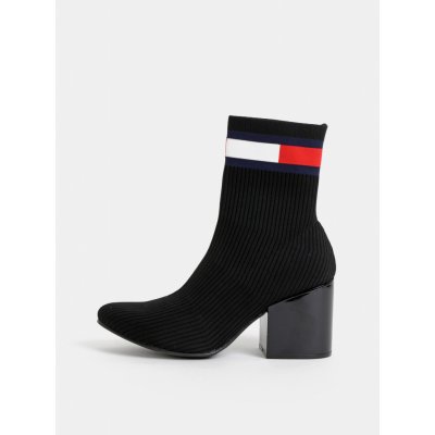 Tommy Hilfiger ponožkové boty na podpatku Flag Sock Mid Heel Boot black – Zboží Mobilmania