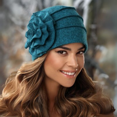 Krumlovanka dámská vlněná čepice s květem W-0615/733M azurový melange – Hledejceny.cz