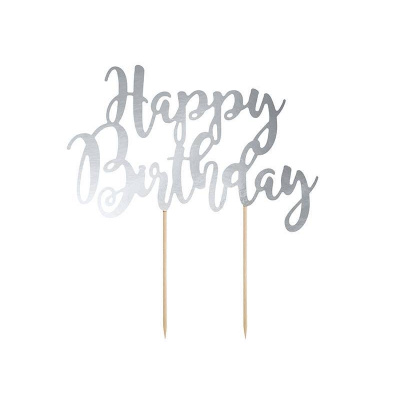 PartyDeco zapichovací dekorace na dort stříbrná Happy Birthday