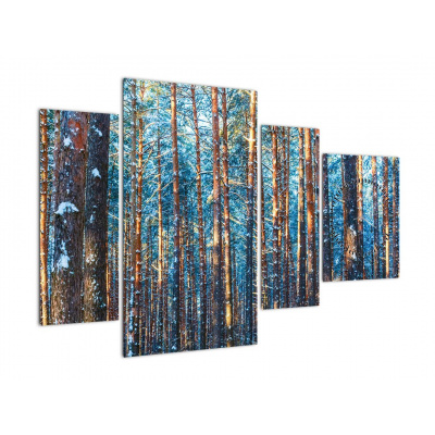Obraz - Zimní les (s hodinami), Čtyřdílný 110x75 cm s hodinami