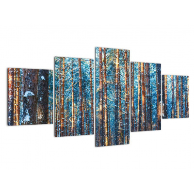 Obraz - Zimní les (s hodinami), pětidílný 150x80 cm s hodinami