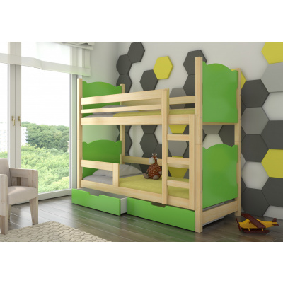 ADRK Dětská patrová postel MARABA se šuplíky, včetně matrací, Přírodní/Zelená