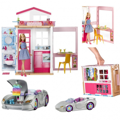 Mattel Barbie dvoupatrový dům + panenka GXC00 + kabriolet HDJ47