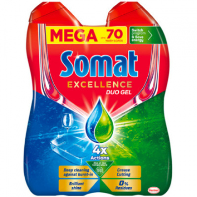 Henkel Somat gel do myčky Excellence Duo proti mastnotě, 2× 630 ml, 70 dávek