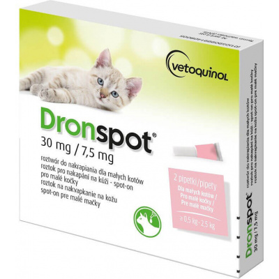 Dronspot Cat 30mg/7,5mg spot-on 2x0,35ml (Roztok pro nakapání na kůži k léčbě parazitárních infekcí (škrkavky, tasemnice) u koček - spot-on pro malé kočky (0,5-2,5kg).)