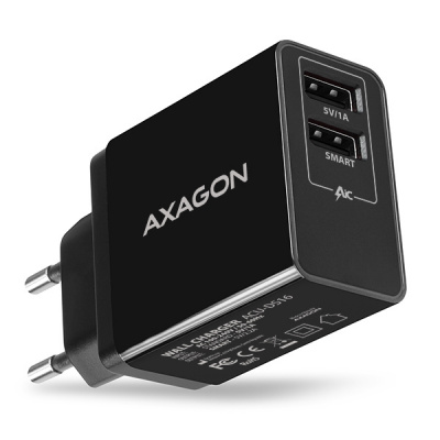 AXAGON ACU-DS16, SMART nabíječka do sítě 16W, 2x USB-A port, 5V/2.2A + 5V/1A ACU-DS16