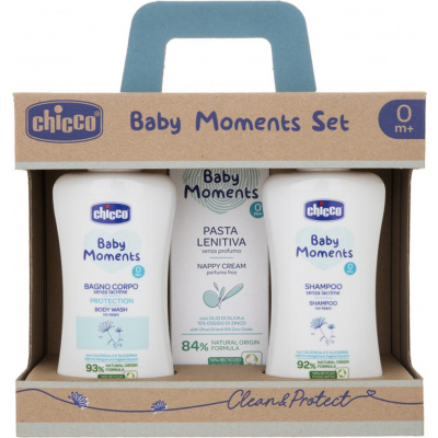 CHICCO Set dárkový kosmetický Baby Moments 0m+: 1x Šampon na tělo Protection 200 ml + 1x Krém na dětský zadeček zklidňující bez parfému 100 ml + 1x Šampon na vlasy 200 ml