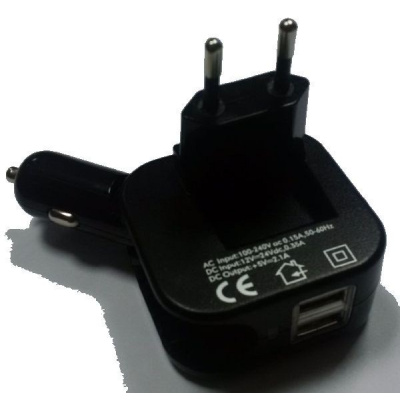 Solight USB nabíjecí adaptér auto+zásuvka, 2x USB, max. 2400mA, AC 230V / DC 12V, bílý, DC42