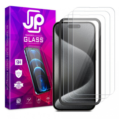 AppleMix Tvrzené sklo (Tempered Glass) JP Long Pack pro Apple iPhone 15 Pro - čiré - sada 3 kusů + aplikátor