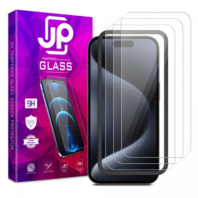 AppleMix Tvrzené sklo (Tempered Glass) JP Long Pack pro Apple iPhone 15 Pro Max - čiré - sada 3 kusů + aplikátor