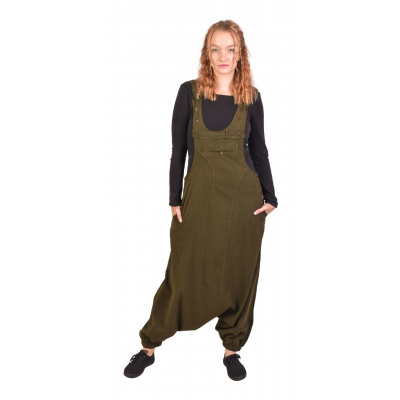 Sanu Babu Turecké kalhoty s laclem, tmavě zelené, velmi nízký sed, kapsy a knoflíčky L/XL , Zelená