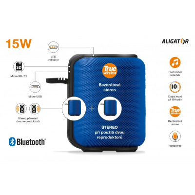 Bluetooth outdoor reproduktor ALIGATOR STEREO ABS3 MODRÝ ABS3BE