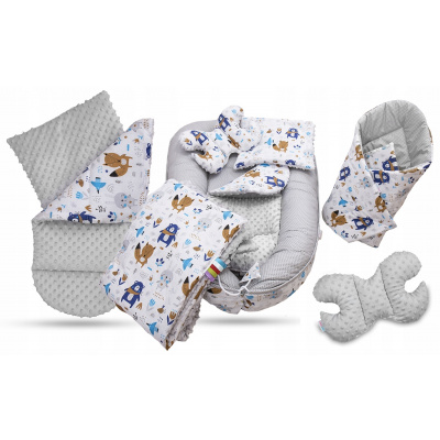 Oboustranné hnízdečko (kokon) pro miminko - BABYMAM PREMIUM set 7v1 - Boho zvířátka s šedou minky