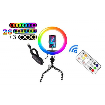 RGB Prstencová lampa, kruhové světlo ring led light set 26cm 1x stolní stativ (RGB15)