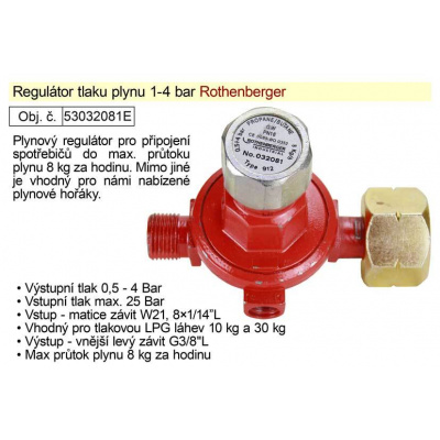 Regulátor tlaku plynu 1-4bar vhodný pro plynové hořáky, W21,8 a G3/8"L
