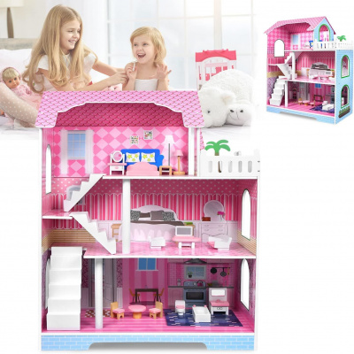 YARDIN Domeček pro panenky dřevo, 3 patra Domečky pro panenky Domeček pro panenky Barbie, Domeček pro panenky od 2 let pro děti, dívky, dárek, narozeniny 70×30×70cm