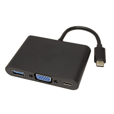 Neutralle USB/Video převodník + HUB, DP Alt Mode, USB C samec - VGA (D-sub) samice + USB C samice (PD) + USB A sam, černý, plastic bag 2560x