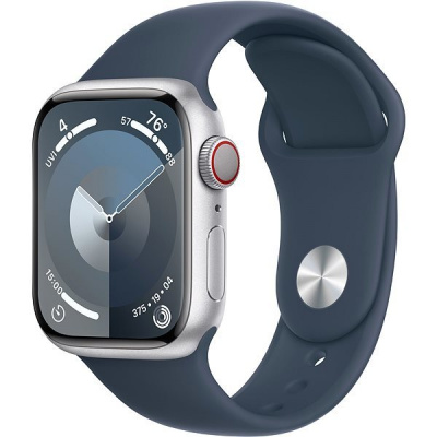 Apple Watch Series 9 41mm Cellular Stříbrný hliník s bouřkově modrým sportovním řemínkem - S/M MRHV3QC/A
