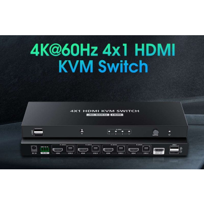 PremiumCord 4K@60Hz HDMI2.0 KVM switch 4:1 s dálkovým ovladačem KHSWIT41E
