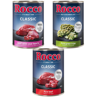 Rocco Classic zkušební mix 6 x 400 g - hovězí mix: hovězí, hovězí/telecí srdce, hovězí/bachor