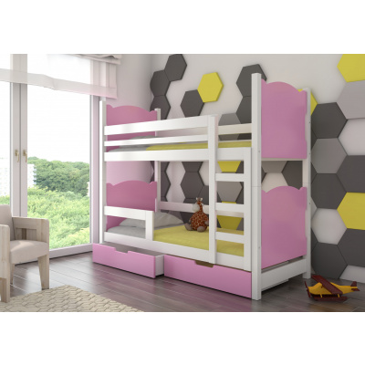ADRK Dětská patrová postel MARABA se šuplíky, včetně matrací, Bílá/Růžová