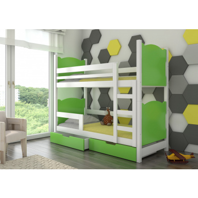 ADRK Dětská patrová postel MARABA se šuplíky, včetně matrací, Bílá/Zelená