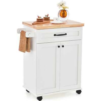 GIANTEX Kuchyňský vozík s pracovní deskou, kuchyňská skříňka na kolečkách, pojízdný kuchyňský ostrůvek, servírovací vozík dřevo, kuchyňský vozík kuchyňský vozík se zásuvkou a 2 dvířky, vozík na zeleni