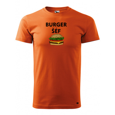 Pánské tričko s potiskem Burger šéf Velikost: M, Barva trička: Oranžová
