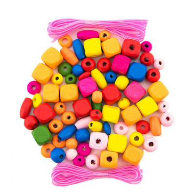 Korálky dřevěné barevné s gumičkami cca 300 ks v plastové dóze