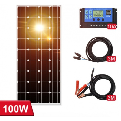 Solární set, 1x solární panel v hliníkovém rámu 1170 x 540mm , PWM Regulátor 10A, kabel pro připojení solárních panelů, kabel pro připojení k baterii 12 nebo 24V (Solární panel 100Wp, solární reguláto