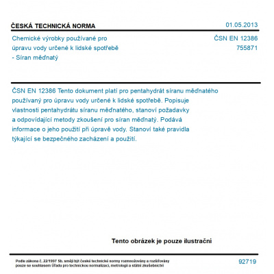 ČSN EN 12386 - Chemické výrobky používané pro úpravu vody určené k lidské spotřebě - Síran měďnatý - Tisk