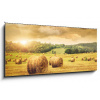 Skleněný obraz 1D panorama - 120 x 50 cm - Field of freshly bales of hay with beautiful sunset Pole čerstvých balíků sena s krásným západem slunce