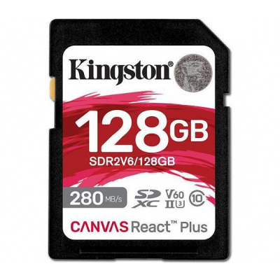 Kingston paměťová karta 128GB Canvas React Plus SDXC UHS-II 280R/100W U3 V60 for Full HD/4K (SDR2V6/128GB)
