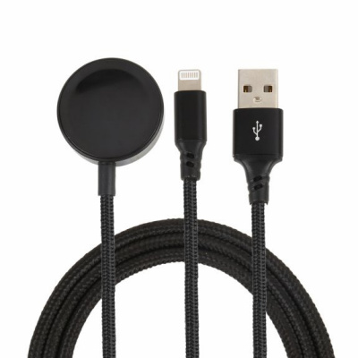 AppleKing 2v1 opletený nabíjecí a datový kabel USB-A / Lightning / magnetický puk pro iPhone / iPad / iPod / Apple Watch / AirPods - 1 m - černý - možnost vrátit zboží ZDARMA do 30ti dní