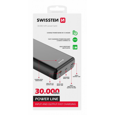 Swissten power line power bank 30000 mAh 20W power delivery black; 22013914
