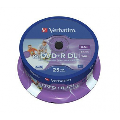 DVD+R DL, 8,5GB, 8x, Printable, no-ID, Verbatim, Double Layer, 25-cake