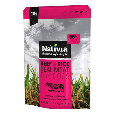 Nativia Dog REAL MEAT beef&rice 8kg (Kompletní krmivo s čerstvým hovězím masem pro dospělé psy.)