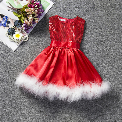 Čína Dívčí vánoční šatičky bez rukávů, s flitry a kožešinkou Barva: Červená, Velikost: 120/5T