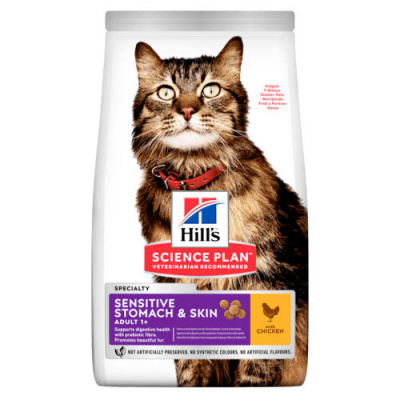 Hill's Fe SP Adult Sensitive Stomach & Skin Chicken 1,5kg (Pro dospělé kočky s citlivým zažíváním a pro podporu srsti. - s kuřecím. )