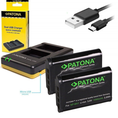 Nabíječka PATONA pro 2 baterie Sony NP-BX1 Nabíječka, pro fotoaparáty, pro 2 baterie, kompatibilní se Sony NP-BX1, NPBX1, USB + 2x baterie 1090mAh PT1974B