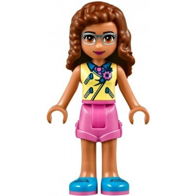 LEGO (41333) Olivia, Bright Light Yellow Vest over Dark Azure Shirt and Dark Pink Tie, Dark Pink Shorts - Friends