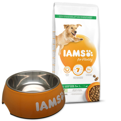 Krmivo IAMS Dog Adult Large Lamb 12kg + Iams miska nerez ocel 750ml