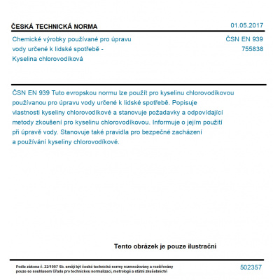 ČSN EN 939 - Chemické výrobky používané pro úpravu vody určené k lidské spotřebě - Kyselina chlorovodíková - Tisk